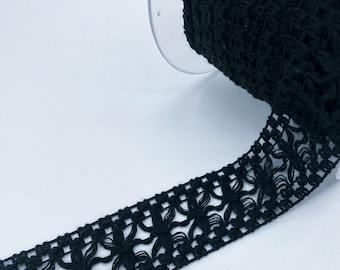 Black Floral Cotton Lace Trim 1.4" for Dress Curtain Decor
