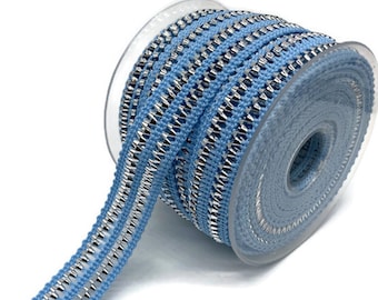 Baby Blue Cotton Trim with Silver Chevrons - 20mm Woven Boho Trim