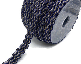Navy Blue Gold Trim, 0.59" Wavy Metallic Gimp for Jacket & Decor