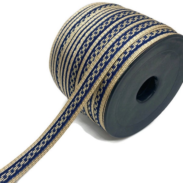 15 mm Gold Metallic Braid Trim/Navy Blue Background/Chain Pattern/Ethnic Trim/Bohemian Trim/Trim by the yard/For Dress(0.59 inches)