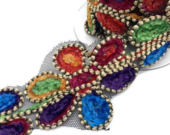 Embroidered Floral Trim: Rainbow Hippie Style on Black Lace