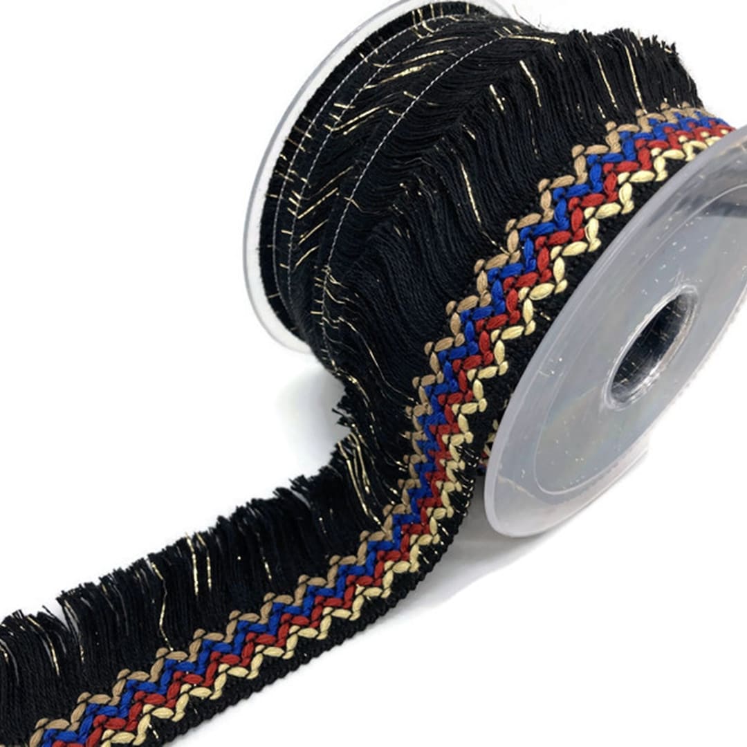 40 Mm Wide Black and Gold Fringe Trim/colorful Chevron Stitch/ethnic
