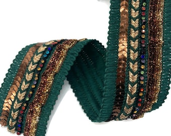 Green Cotton Braid Trim: Ethnic Ornaments, Velvet Glitter, Sequin, Gold Cord (45mm)