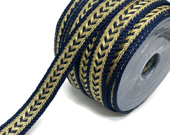 Gold Metallic Braid Trim: Navy Blue Arrow Pattern, Bohemian Style (25mm / 0,98 inch)