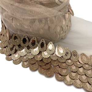 Bronze Gold Sequin Lace Trim: Shiny Swirl Embellishment