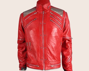 Men's MJ Beat it Red Leather Jacket - Handmade Cosplay Red MJ Faux Leather Jacket - Celebrity MJ Costume for Halloween - Red Biker Jacket