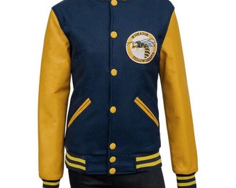 Vrouwen geel en blauw Varsity jack - geel kunstleer mouwen wollen jas - handgemaakte blauwe honkbal bomberjack - Celebrity Outfit