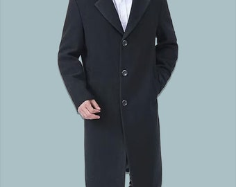 Men Black Wool Coat -  Handmade Black Long Trench Coat - Wool Trench Overcoat - Long Black Coat for Mens - Black Trench Pockets Wool Coat