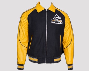 Herren Vintage Woll-Varsity-Jacke – schwarze und gelbe Woll-Lederjacke für Herren – handgefertigte schwarze Bomberjacke – gelbe Letterman-Reißverschlussjacke