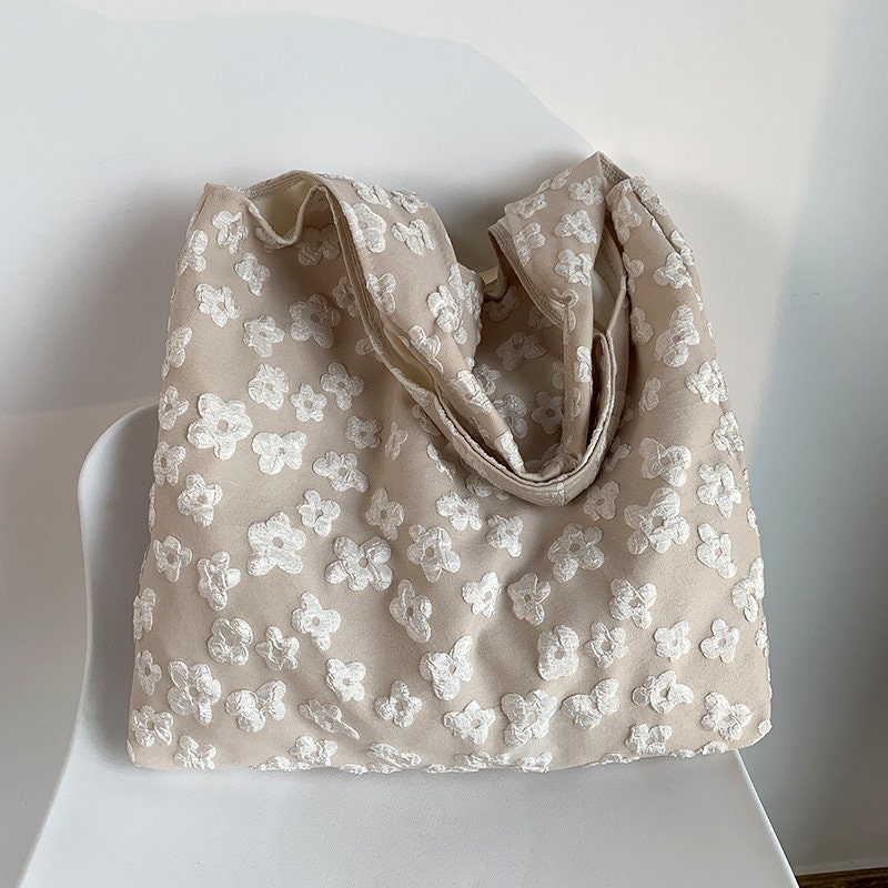 Aesthetic Embroidery Tote Bag For Women - Reusable Canvas Cute Shoulder Bag For Shopping, Grocery, Work, Book