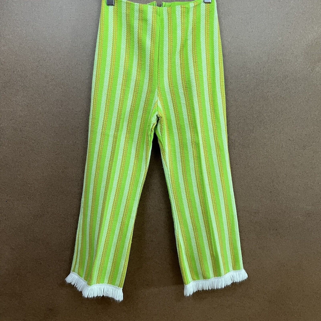 Vintage 60s Sears Roebuck Striped Fringe Pants Green Falcon Zip 23x23.5