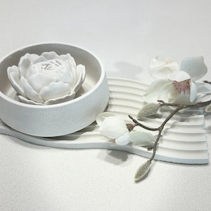 Handmade Jesmonite Diffuser Set | Peony Flower, Ripple Tray, Catchall Bowl