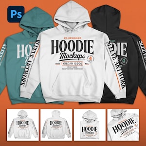 May include: A mockup of three hooded sweatshirts in teal, white, and black. The white hoodie displays the text "HOODIE Mockups" with "GILDAN 18500" below. The sleeves feature "SLEEVE ARTWORK" text. The image also shows four smaller hoodie mockups.
