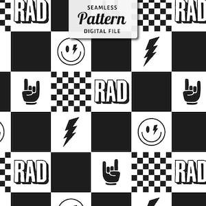 Rad, lightning bolts, smile faces, and rock hand signs with a checkered background | Boho checkered seamless file for fabric sublimation