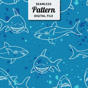 Shark Seamless Repeat Pattern | Hand Drawn Shark Illustrations with Splatter Colors  | Digital Download