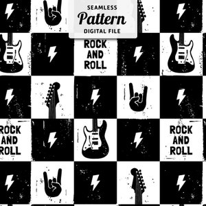 May include: Black and white seamless pattern featuring a guitar, lightning bolt, and a hand making the rock and roll hand gesture. The text "Rock and Roll" is repeated throughout the pattern.