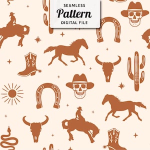 Western Themed Cowboy/Cowgirl Seamless Pattern  | Cactus, Cowboy Seamless Repeat Design | Boho Seamless Pattern | Instant Download Pattern