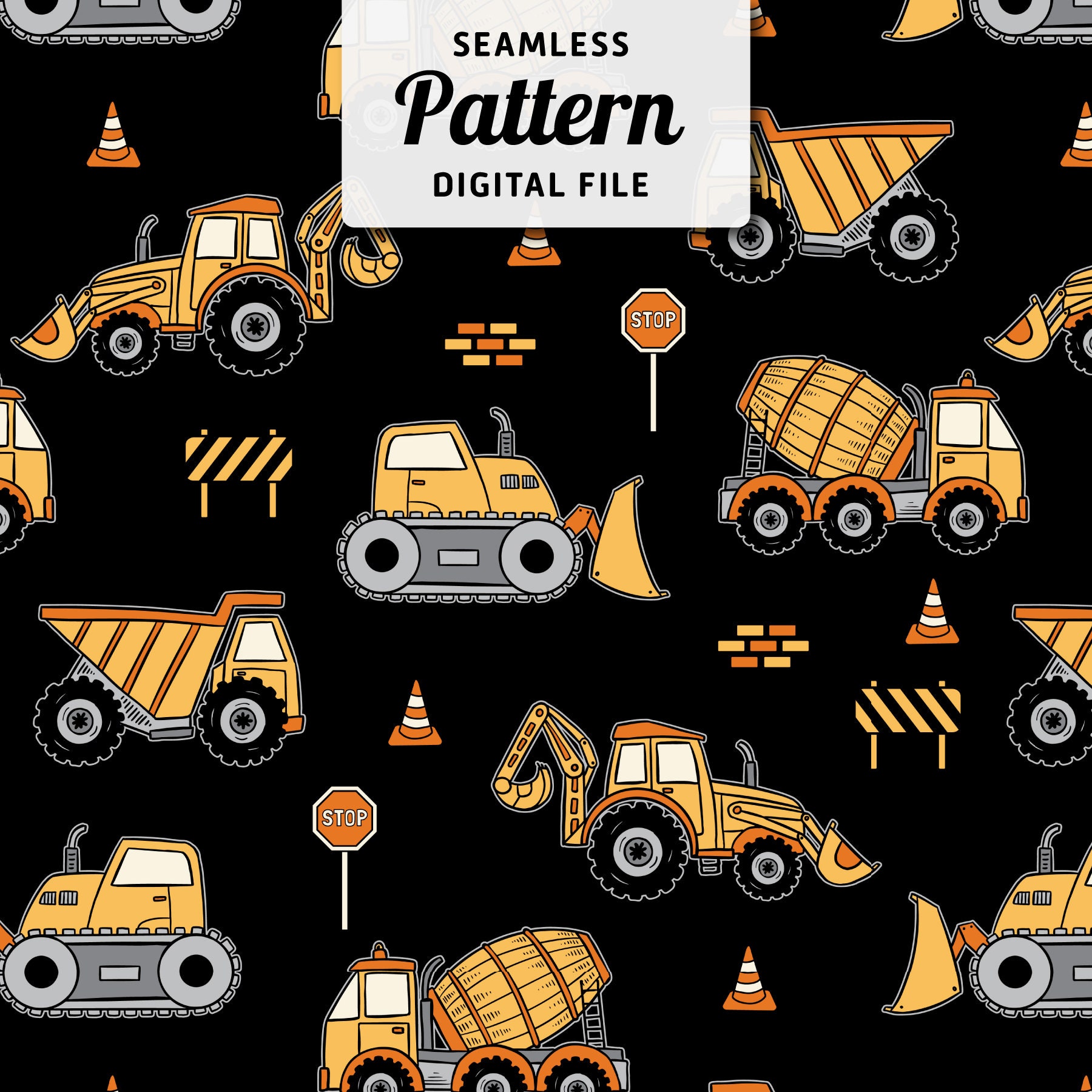 Construction Vehicle Seamless Pattern | Excavator Seamless Repeat Design |  Boys Seamless Pattern | Digital File