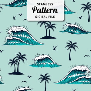 Tropical Seamless Pattern File | Waves and Palm Trees Seamless Repeat Design | Seamless File for Fabric Sublimation | Digital File