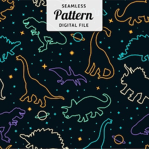 Op de afbeelding: Een naadloos patroon met kleurrijke contouren van dinosaurussen en sterren op een zwarte achtergrond. De tekst "SEAMLESS Pattern DIGITAL FILE" staat in een wit kader bovenaan de afbeelding.