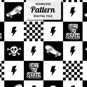Checked skateboard Seamless Pattern | Boys Seamless Repeat Design | Hand Drawn Skateboarding Seamless Pattern | Digital File