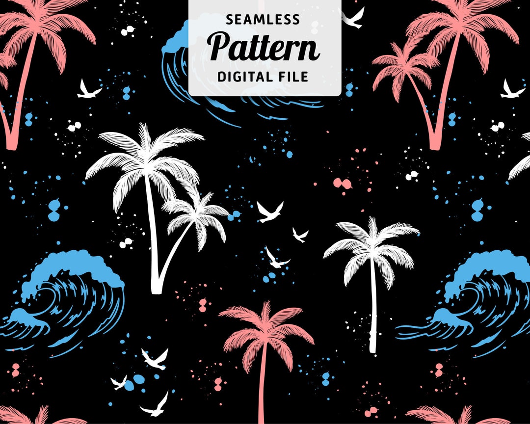 Palm Trees and Waves Seamless Pattern: Summer Surfing Design (digital ...