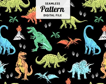 Modello senza cuciture con dinosauri dei cartoni animati: disegno per bambini disegnato a mano (file digitale)