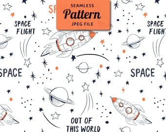 Space Seamless Pattern: Galaxy, Planets, Rockets (JPEG File)