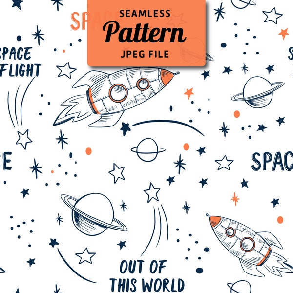 Space seamless pattern, digital download, galaxy, planets, spaceships, rockets, printable fabric pattern, space JPEG FILE