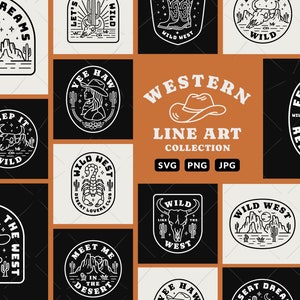 Western Line Art Collection. Westliche SVG-, PNG- und JPEG-Designs. Digitaler Download