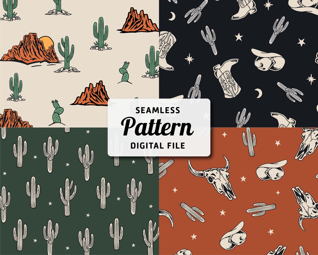Set of Western Theme Seamless Patterns Cow, Cactus, Cowboy Seamless
