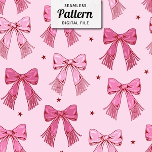 May include: A seamless pattern featuring pink bows with fringe details on a pink background. The pattern is repeated throughout the image.