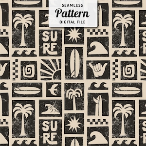 Puede incluir: Un patrón digital sin costuras con un diseño repetitivo de elementos temáticos de surf. El diseño incluye palmeras, tablas de surf, olas y la palabra "SURF" en una fuente cuadrada, todo en una combinación de colores blanco roto y negro. Las palabras "SEAMLESS Pattern DIGITAL FILE" están en la parte superior.