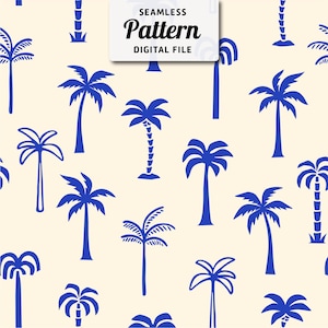 Seamless Palm Tree Pattern. Coastal blue & cream tropical design. Summer seamless file for fabric sublimation.