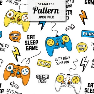 以下が含まれることがあります： ゲームをテーマにしたイラストが様々な形で配置されたシームレスパターン。ゲームコントローラー、稲妻、