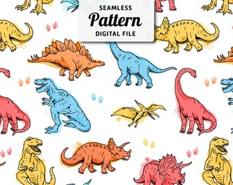 Modello senza cuciture con dinosauri dei cartoni animati: design per bambini disegnato a mano (file digitale)