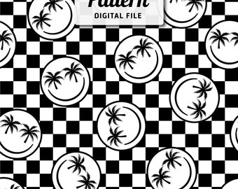 Happy Face Palm Tree Seamless Pattern: Checkered Background (Digital File)