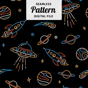 Space Seamless Repeat Pattern |  Rocket, Spacecraft, Planets | Galaxy Seamless Pattern | Digital File