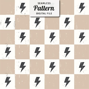 May include: A seamless pattern featuring black lightning bolts on a beige and white checkered background. The pattern is distressed and has a vintage look.