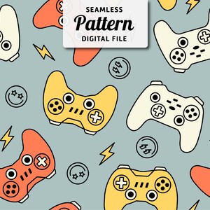 Puede incluir: Un patrón sin costuras con mandos de videojuegos amarillos, blancos y naranjas sobre un fondo azul claro. El patrón también incluye rayos y estrellas.