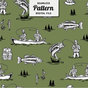 Angeln Seamless Pattern: Barsch, Kanu, Kiefernbäume (JPEG-Datei)