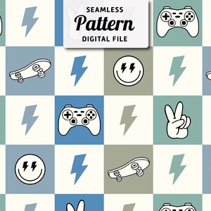 May include: A seamless pattern featuring a variety of gaming and skateboarding icons, including a video game controller, a skateboard, a lightning bolt, a peace sign, and a smiley face with lightning bolts for eyes. The pattern is set against a background of blue, green, and beige squares.