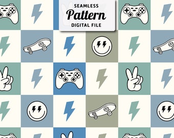 Game Controller & Skateboard Seamless Pattern: Check Background (JPEG File)