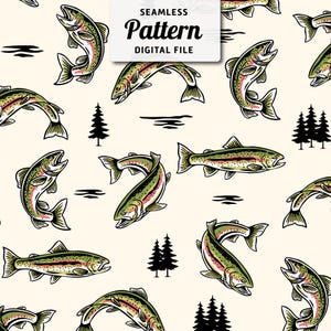 Fishing Seamless Repeat Pattern  | Rainbow Trout and Pine Trees Seamless Pattern Design | Seamless Pattern File