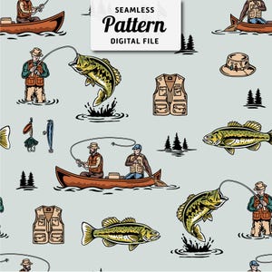 Fischen Nahtloses Muster | Fischer, Bass Fisch, Kanu und Kiefern Musterdesign | Nahtlose Muster-Datei