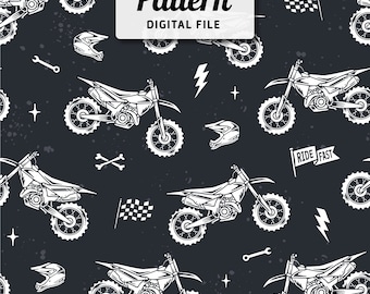 May include: A black and white seamless pattern featuring motocross bikes, helmets, wrenches, checkered flags, and the text "Ride Fast".
