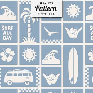May include: A seamless pattern featuring a variety of summer and beach-themed icons, including a palm tree, waves, a surfboard, a sun, a hibiscus flower, a seagull, a van, and a hand making the shaka sign. The pattern is on a light blue background with a white checkered border.