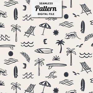 Può includere: Design a motivo senza cuciture con illustrazioni disegnate a mano di elementi da spiaggia. Include tavole da surf, palme, onde, sedie a sdraio e ombrelloni in un motivo ripetuto. Il testo "SEAMLESS Pattern DIGITAL FILE" è visualizzato in un rettangolo bianco.