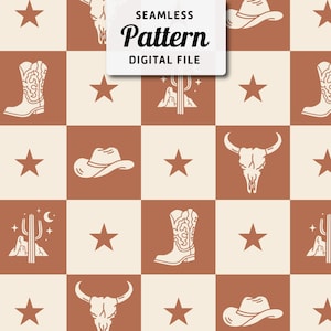 May include: A seamless pattern featuring a variety of western-themed icons, including cowboy boots, hats, stars, cacti, and bull skulls. The pattern is in a brown and beige colour scheme.