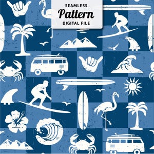 May include: A seamless pattern featuring a variety of summer and beach-themed elements, including a surfboard, a palm tree, a crab, a flamingo, a van, a wave, a sun, a hibiscus flower, and a hand gesture. The pattern is in white on a blue background.